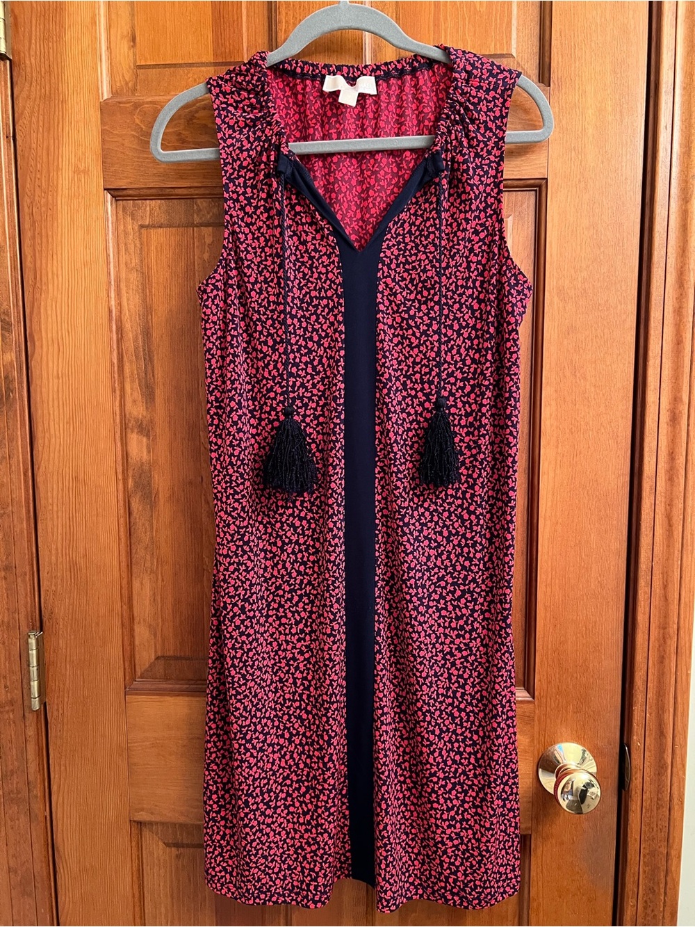 Michael Kors Size M Sleeveless Pink and Navy Printed Shift Dress with Tassel Tie